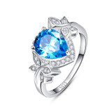 JQUEEN wedding engagement jewelry 925 sterling silver blue topaz ring butterfly decoration 3.85 Carat pear cut water drop shape