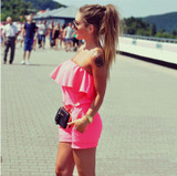 JOYINPARTY New ladies red slim jumpsuits for 2016 Summer sexy off shoulder strapless slash neck mini jumpsuit
