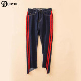 JOYDU Side Striped Jeans For Women Washed Blue High Waist Street Ankle Length Denim Freddy Boyfriend Edging Jeans Ripped Female