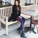 JOYDU Side Striped Jeans For Women Washed Blue High Waist Street Ankle Length Denim Freddy Boyfriend Edging Jeans Ripped Female