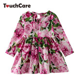 New Baby Girl Floral Dresses Kids Long Sleeve Rose Flower Printed Princess Wedding Party Dress Children Pleated Clothes Costume