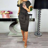 New 2018 Women's dress Summer short sleeves o neck elegant bow ties casual office lady work runway dresses tunic WS5815k