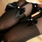 CUHAKCI Knee High Women Floral Tights Sexy Nylon Thin Contrast Color Big Bow Sling False Hose Splicing Tights