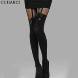 CUHAKCI Knee High Women Floral Tights Sexy Nylon Thin Contrast Color Big Bow Sling False Hose Splicing Tights