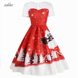 Christmas Carriage Printed Vintage Dress Women 2017 Snowman Printed Christmas Party Dress Fashion Christmas Elk Dress Vestidos