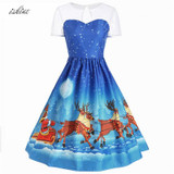 Christmas Carriage Printed Vintage Dress Women 2017 Snowman Printed Christmas Party Dress Fashion Christmas Elk Dress Vestidos