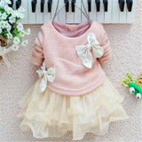 Christmas Baby Girls Dress Knit Crochet Sweater Tops Lace Bowknot Dresses Kids Long Sleeve Dress For Girls 2017 Vestido Infantil