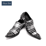 Christia Bella Fashion Metal Iron Poined Toe Mens Dress Shoes Zebra Print Genuine Leather Men Shoes Italian Business Oxford Shoe