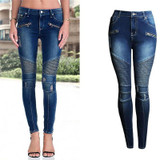 ChoosyVirgo Ladies Hole Skinny Trousers Jeans Motorcycle Biker Elastic Middle Waisted Patchwork Women Jeans