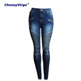 ChoosyVirgo Ladies Hole Skinny Trousers Jeans Motorcycle Biker Elastic Middle Waisted Patchwork Women Jeans