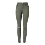 ChoosyVirgo Fashionable Beggar hole jeans mujer high Waist women Skinny pants Army Green Denim trousers with pockets