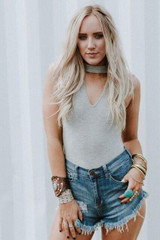 Choker Cut Out Bodysuit - Gray