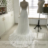 Mryarce Unique Lace Long Sleeves Open Back Hippie Style Wedding Dress Chiffon Detachable Train Boho Chic Rustic Bridal Gowns