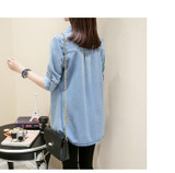 2018 Summer Female Denim Long Shirts Feminina Women Casual Cotton Jean Blouse Women's Tops Turn-down Pockets Light Blue