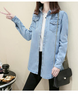 2018 Summer Female Denim Long Shirts Feminina Women Casual Cotton Jean Blouse Women's Tops Turn-down Pockets Light Blue