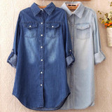 2018 Summer Female Denim Long Shirts Feminina Women Casual Cotton Jean Blouse Women's Tops Turn-down Pockets Light Blue