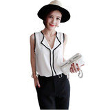2018 Summer Fashion Womens Casual White V Neck Sleeveless Black Side Chiffon Blouse Shirt Work Wear Women Tops