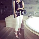 2018 Summer Fashion Womens Casual White V Neck Sleeveless Black Side Chiffon Blouse Shirt Work Wear Women Tops