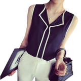 2018 Summer Fashion Womens Casual White V Neck Sleeveless Black Side Chiffon Blouse Shirt Work Wear Women Tops