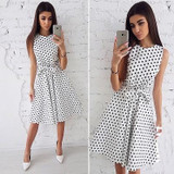 2018 summer fashion ladies Dot print sleeveless dress women elegant Knee-Length dresses casual boho beach belt vestidos