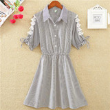 2018 Summer Elegant Office Dress Shirt Elegant Blue Stripped Tunic Turn Down Collar Shirts Women Dresses Wear to Work E108