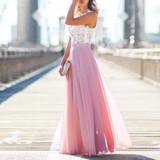 2018 Summer Elegant White And Pink Lace Mixi Dress Women High Waist Spliced Long Dress Female Sleeveless Party Dress Vestidos
