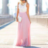 2018 Summer Elegant White And Pink Lace Mixi Dress Women High Waist Spliced Long Dress Female Sleeveless Party Dress Vestidos 2018 Summer Elegant White And Pink Lace Mixi Dress Women High Waist Spliced Long Dress Female Sleeveless Party Dress Vestidos