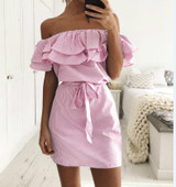 2018 summer dress Women Off Shoulder red Blue Striped bandage Shirt beach dress party Short robe femme Sexy vestido de festa