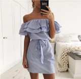 2018 summer dress Women Off Shoulder red Blue Striped bandage Shirt beach dress party Short robe femme Sexy vestido de festa