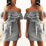 2018 summer dress Women Off Shoulder red Blue Striped bandage Shirt beach dress party Short robe femme Sexy vestido de festa