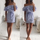 2018 summer dress Women Off Shoulder red Blue Striped bandage Shirt beach dress party Short robe femme Sexy vestido de festa