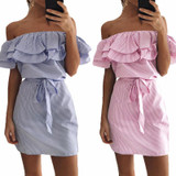 2018 summer dress Women Off Shoulder red Blue Striped bandage Shirt beach dress party Short robe femme Sexy vestido de festa