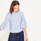 2018 summer brand casual tops blusas Women elegant pearls beading flare sleeve shirt O neck blouse three quarter sleeve