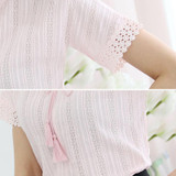 2018 Summer 100% Cotton Shirts Women Blouse Shirts V Neck Short Sleeve Fashion Lacing Blue White Pink Tops Female Clothing