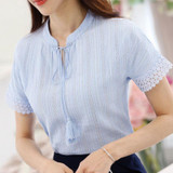 2018 Summer 100% Cotton Shirts Women Blouse Shirts V Neck Short Sleeve Fashion Lacing Blue White Pink Tops Female Clothing