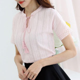 2018 Summer 100% Cotton Shirts Women Blouse Shirts V Neck Short Sleeve Fashion Lacing Blue White Pink Tops Female Clothing
