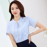 2018 Summer 100% Cotton Shirts Women Blouse Shirts V Neck Short Sleeve Fashion Lacing Blue White Pink Tops Female Clothing