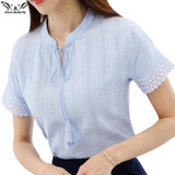 2018 Summer 100% Cotton Shirts Women Blouse Shirts V Neck Short Sleeve Fashion Lacing Blue White Pink Tops Female Clothing