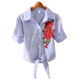 2018 Striped Short Sleeve Summer T-shirt Women Print Pinstripe Embroidery Floral Turn Down Collar Female T Shirt Casual Tops #08