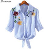 2018 Striped Short Sleeve Summer T-shirt Women Print Pinstripe Embroidery Floral Turn Down Collar Female T Shirt Casual Tops #08