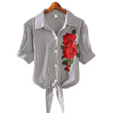 2018 Striped Short Sleeve Summer T-shirt Women Print Pinstripe Embroidery Floral Turn Down Collar Female T Shirt Casual Tops #08