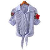 2018 Striped Short Sleeve Summer T-shirt Women Print Pinstripe Embroidery Floral Turn Down Collar Female T Shirt Casual Tops #08