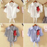 2018 Striped Short Sleeve Summer T-shirt Women Print Pinstripe Embroidery Floral Turn Down Collar Female T Shirt Casual Tops #08