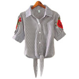 2018 Striped Short Sleeve Summer T-shirt Women Print Pinstripe Embroidery Floral Turn Down Collar Female T Shirt Casual Tops #08