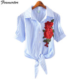 2018 Striped Short Sleeve Summer T-shirt Women Print Pinstripe Embroidery Floral Turn Down Collar Female T Shirt Casual Tops #08