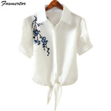 2018 Striped Short Sleeve Summer T-shirt Women Print Pinstripe Embroidery Floral Turn Down Collar Female T Shirt Casual Tops #08