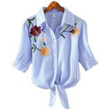 2018 Striped Short Sleeve Summer T-shirt Women Print Pinstripe Embroidery Floral Turn Down Collar Female T Shirt Casual Tops #08
