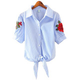 2018 Striped Short Sleeve Summer T-shirt Women Print Pinstripe Embroidery Floral Turn Down Collar Female T Shirt Casual Tops #08