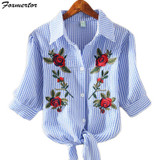2018 Striped Short Sleeve Summer T-shirt Women Print Pinstripe Embroidery Floral Turn Down Collar Female T Shirt Casual Tops #08