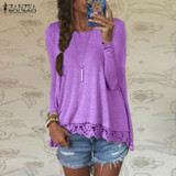2018 Spring ZANZEA Women Blusas Casual Loose Elegant T Shirt Long Sleeve Shirt Lace Crochet Embroidery Hem Female Tops Plus Size